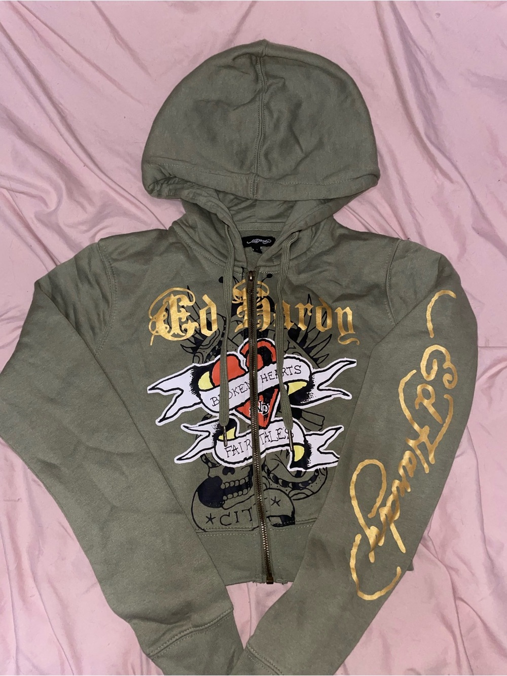 Olive Ed Hardy Graphic Zip-Up Hoodie with Gold Script